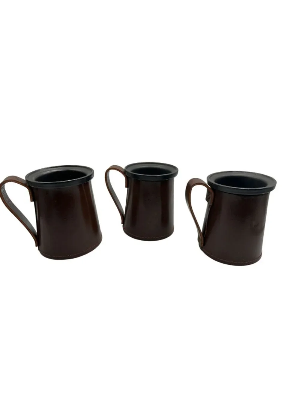 Set Of 3 Vintage Leather & Brass Emblem Tankard-Style Cups With Handles
